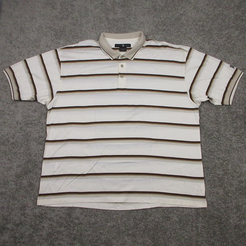 Nike Tiger Woods Shirt Mens XXL Beige Striped Polo Golf Logo Rugby Sport Active